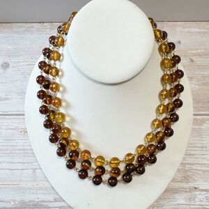MONET Vintage Amber Lucite Triple Strand Round Beaded Necklace Gold Tone 18”